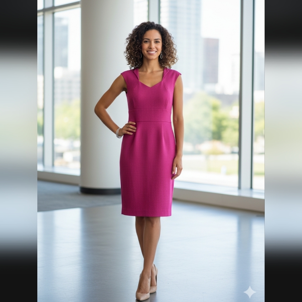 Tahari ASL Notched Magenta Pink Textured Sheath Dress Size 8 - Office Siren Chic